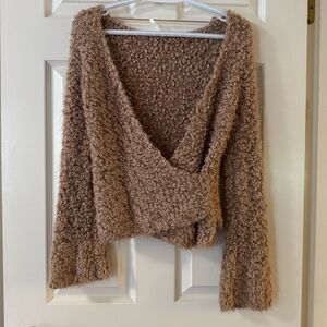 Free People Marshmallow Surplice Faux Wrap Sweater,Size XS PTP 16" (TaupeBeaver)